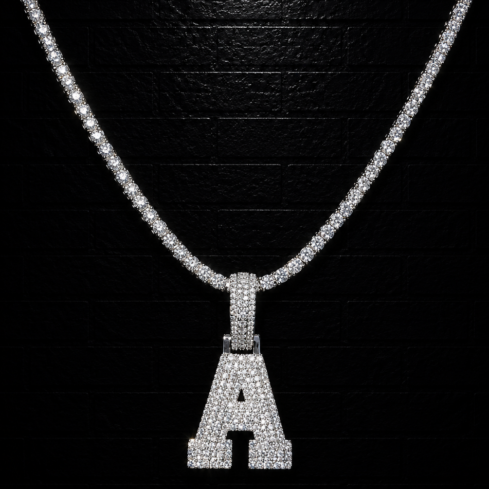 Initial "A" Pendant + 3mm Tennis Chain Set | 925 Sterling Silver | D Color VVS1 Moissanite