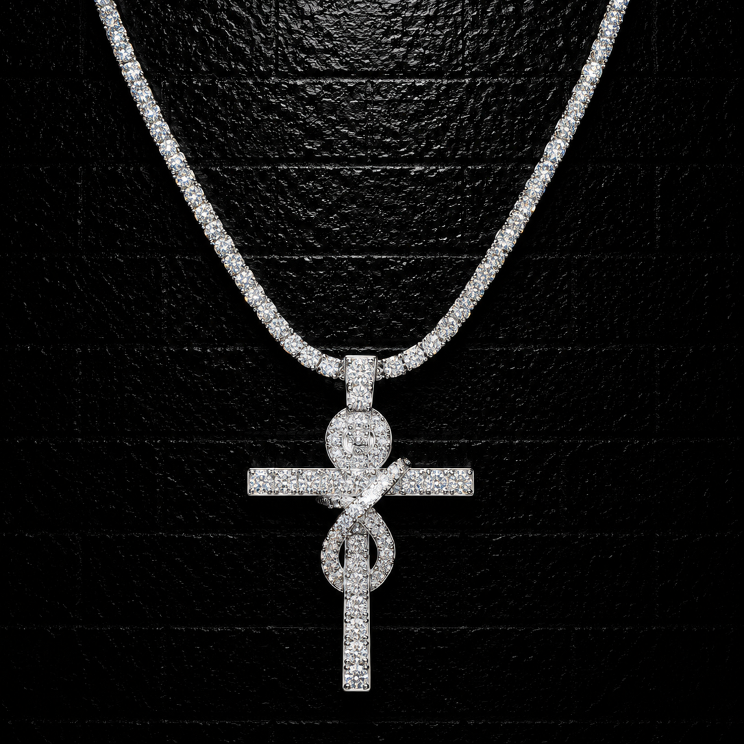 Ankh Cross Pendant + 3mm Tennis Chain Set | 925 Sterling Silver | D Color VVS1 Moissanite