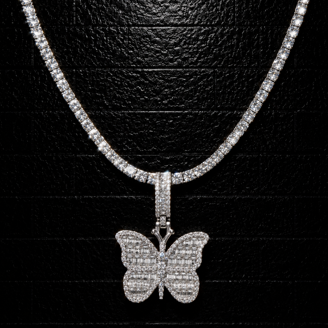Butterfly A Pendant + 3mm Tennis Chain Set | 925 Sterling Silver | D Color VVS1 Moissanite