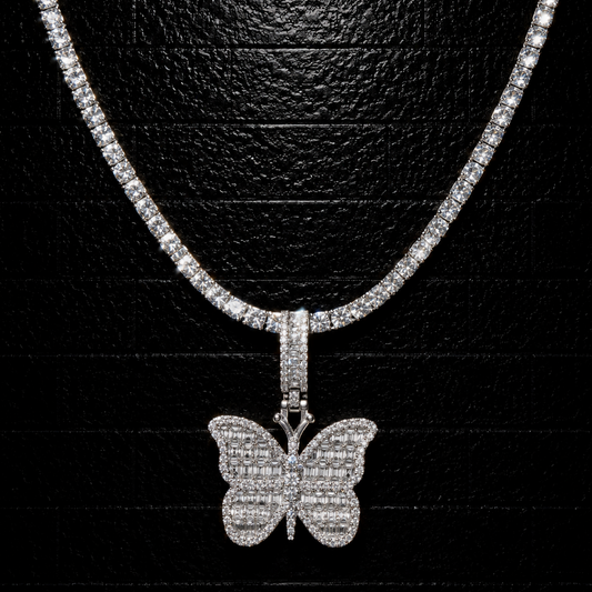 Butterfly A Pendant + 3mm Tennis Chain Set | 925 Sterling Silver | D Color VVS1 Moissanite