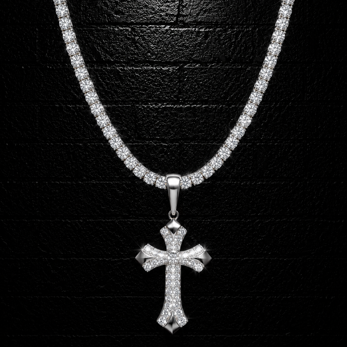 Gothic Cross Pendant + 3mm Tennis Chain Set | 925 Sterling Silver | D Color VVS1 Moissanite
