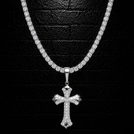 Gothic Cross Pendant + 3mm Tennis Chain Set | 925 Sterling Silver | D Color VVS1 Moissanite