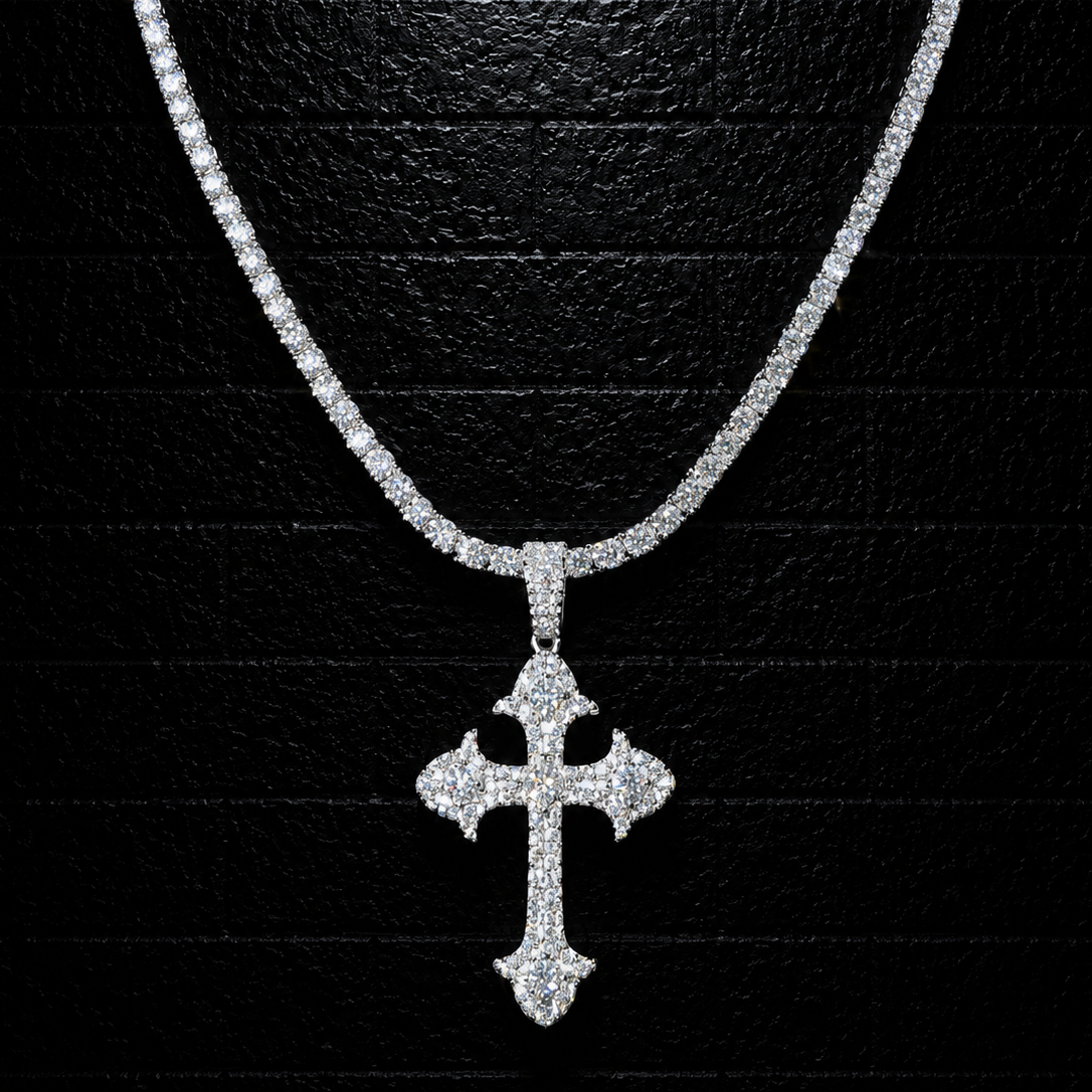 Fleur-de-Lis Cross Pendant + 3mm Tennis Chain Set | 925 Sterling Silver | D Color VVS1 Moissanite
