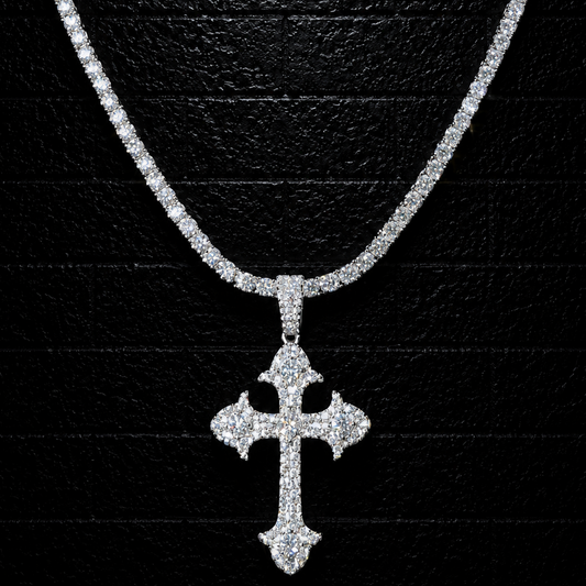 Fleur-de-Lis Cross Pendant + 3mm Tennis Chain Set | 925 Sterling Silver | D Color VVS1 Moissanite