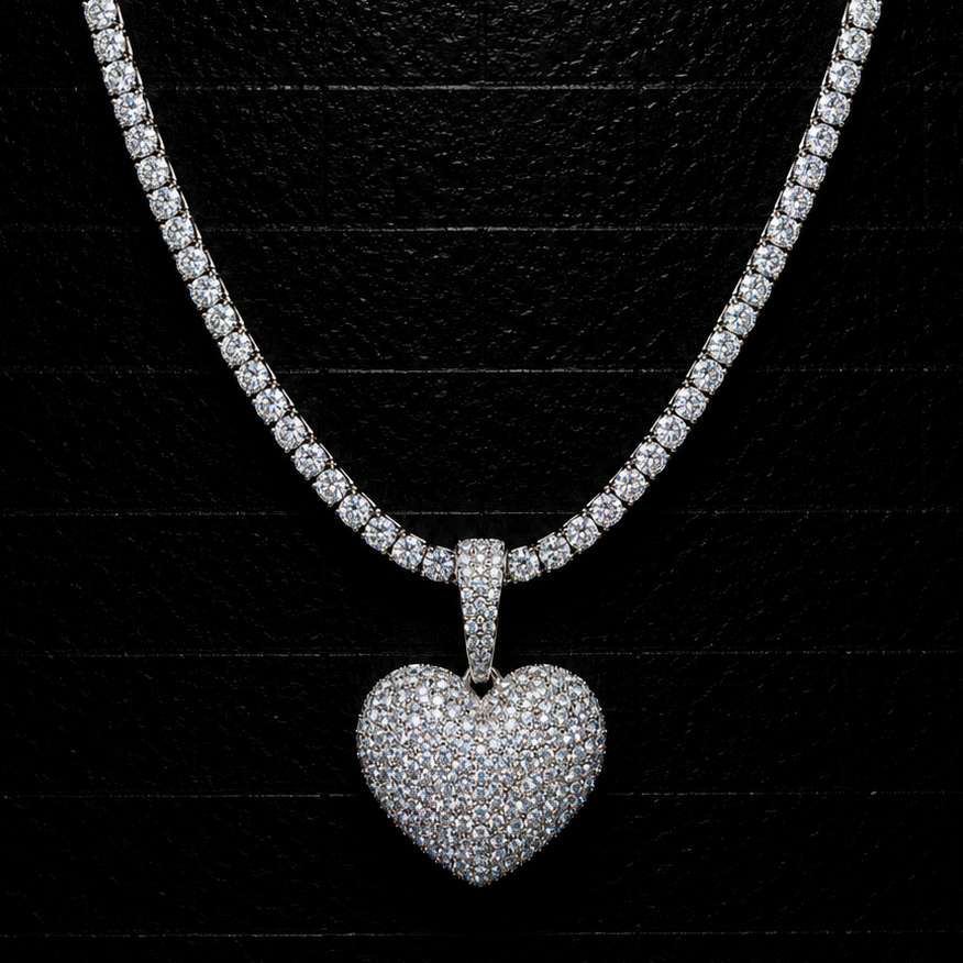 Heart Pendant + 3mm Tennis Chain Set | 925 Sterling Silver | D Color VVS1 Moissanite