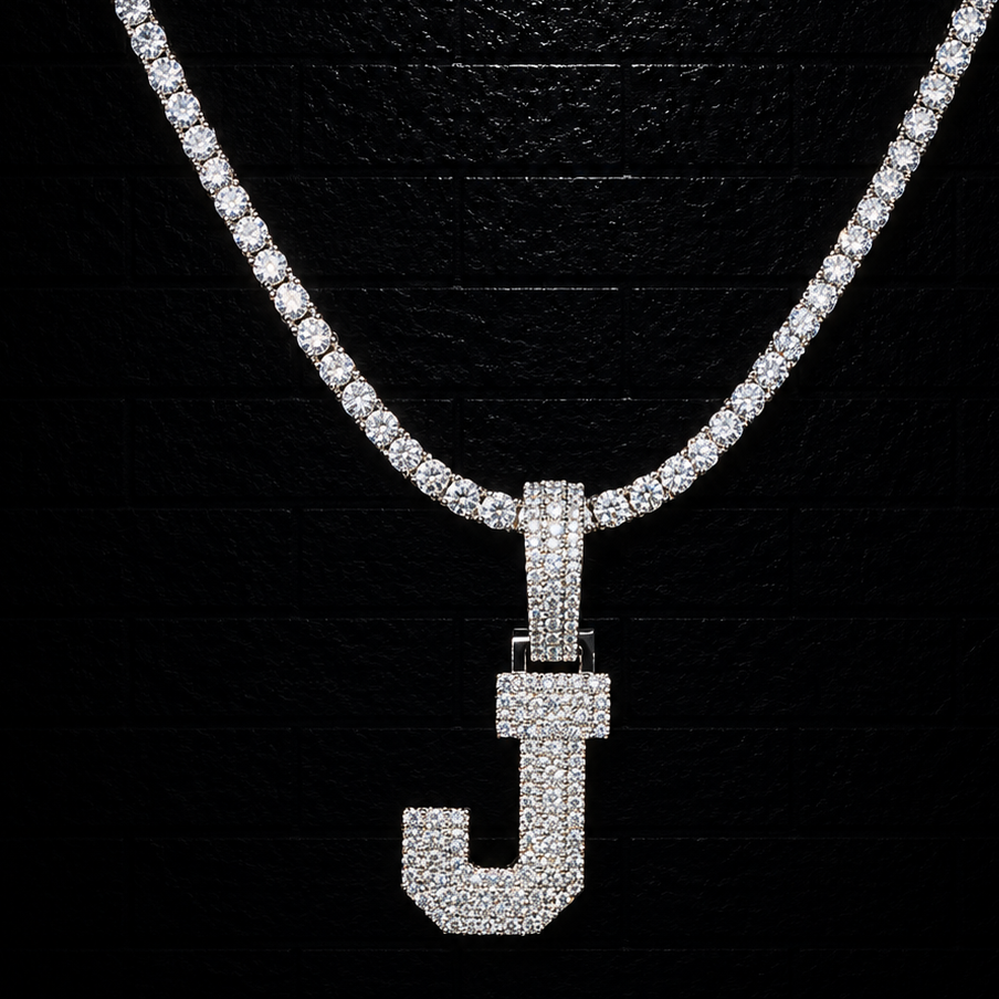 Initial "J" Pendant + 3mm Tennis Chain Set | 925 Sterling Silver | D Color VVS1 Moissanite