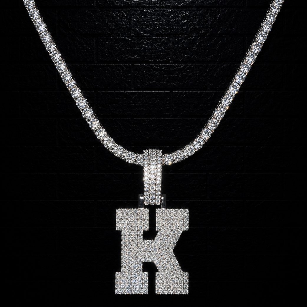 Initial "K" Pendant + 3mm Tennis Chain Set | 925 Sterling Silver | D Color VVS1 Moissanite