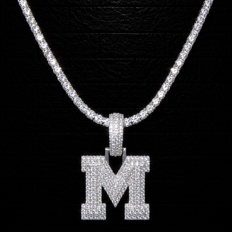 Initial "M" Pendant + 3mm Tennis Chain Set | 925 Sterling Silver | D Color VVS1 Moissanite