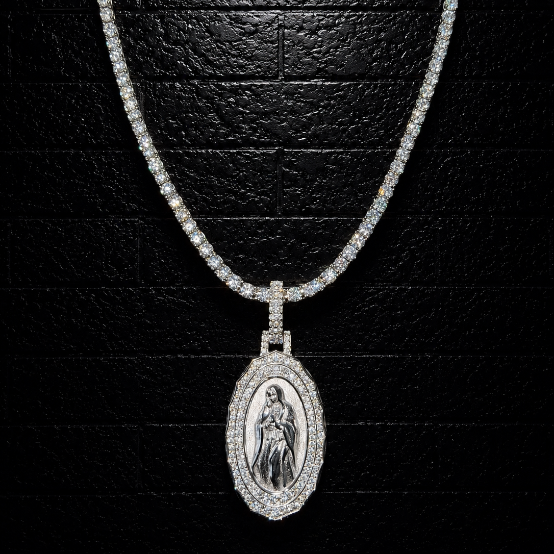 Virgin Mary Pendant + 3mm Tennis Chain Set | 925 Sterling Silver | D Color VVS1 Moissanite