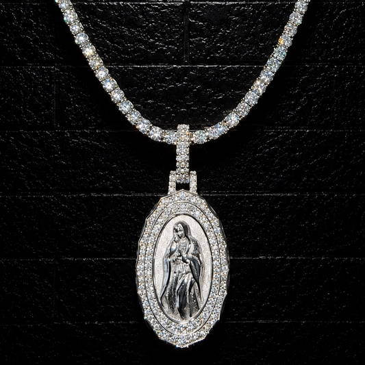 Virgin Mary Pendant + 3mm Tennis Chain Set | 925 Sterling Silver | D Color VVS1 Moissanite