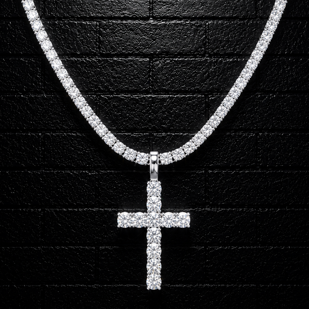 Cross Pendant + 3mm Tennis Chain Set | 925 Sterling Silver | D Color VVS1 Moissanite