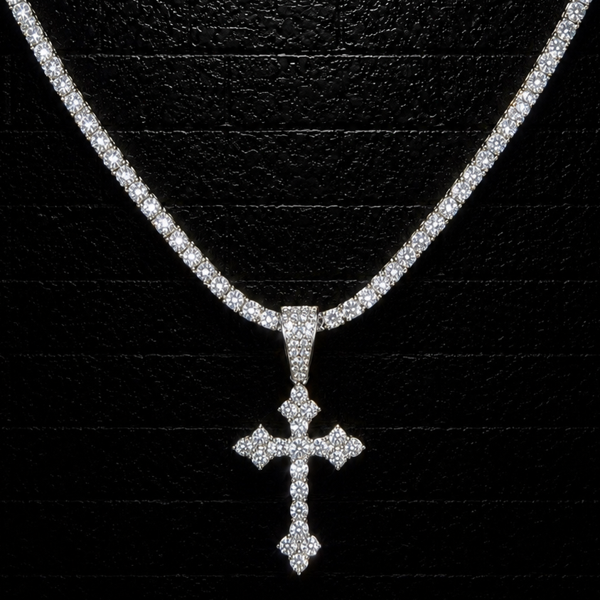 Cross A Pendant + 3mm Tennis Chain Set | 925 Sterling Silver | D Color VVS1 Moissanite