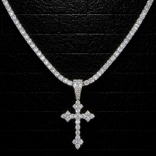 Cross A Pendant + 3mm Tennis Chain Set | 925 Sterling Silver | D Color VVS1 Moissanite