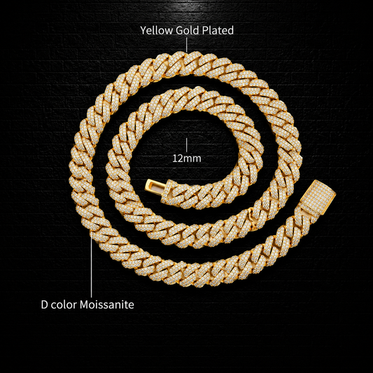 Gold chain with yellow gold plating and D color moissanite on a black background