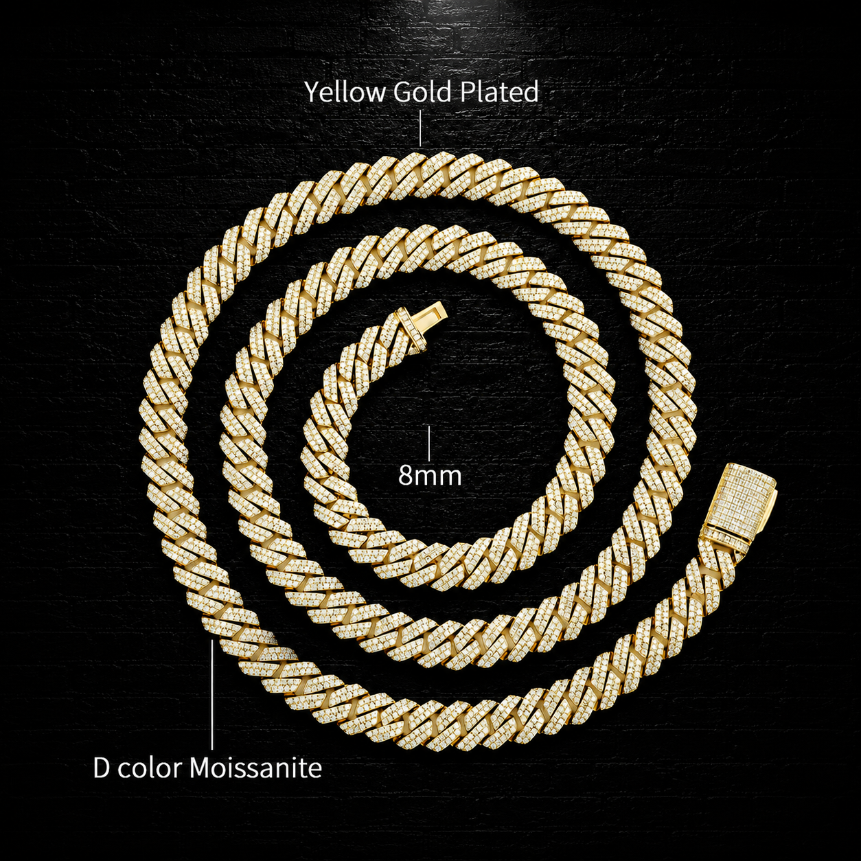 Gold rope chain with yellow gold plating and D color Moissanite on a black background