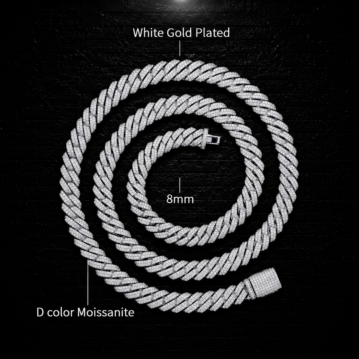 White gold-plated rope chain with moissanite stones on a black background