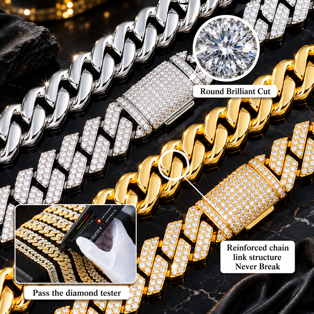 Gold and silver chains with diamond accents on a dark background