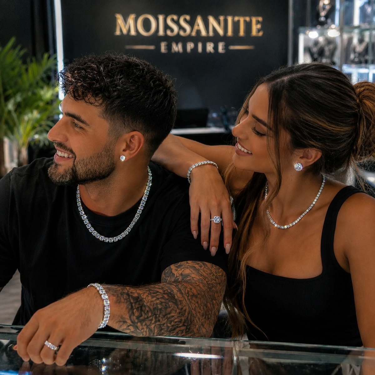 Couple wearing jewelry in front of a Moissanite Empire sign