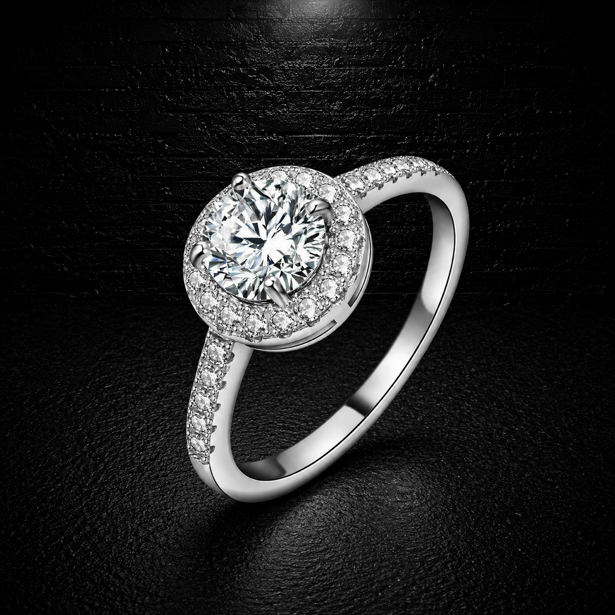 Silver ring with a diamond on a dark background