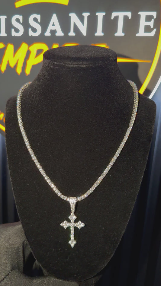 Cross A Pendant + 3mm Tennis Chain Set | 925 Sterling Silver | D Color VVS1 Moissanite