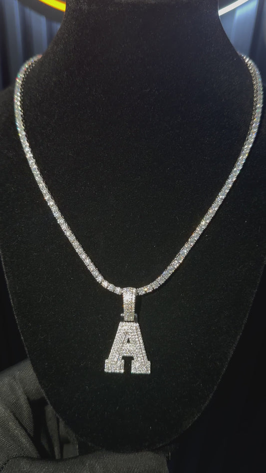 Initial "A" Pendant + 3mm Tennis Chain Set | 925 Sterling Silver | D Color VVS1 Moissanite