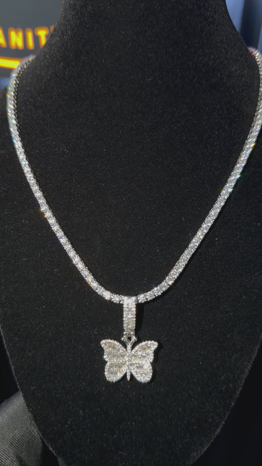 Butterfly A Pendant + 3mm Tennis Chain Set | 925 Sterling Silver | D Color VVS1 Moissanite