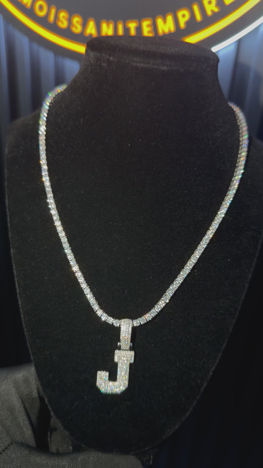 Initial "J" Pendant + 3mm Tennis Chain Set | 925 Sterling Silver | D Color VVS1 Moissanite