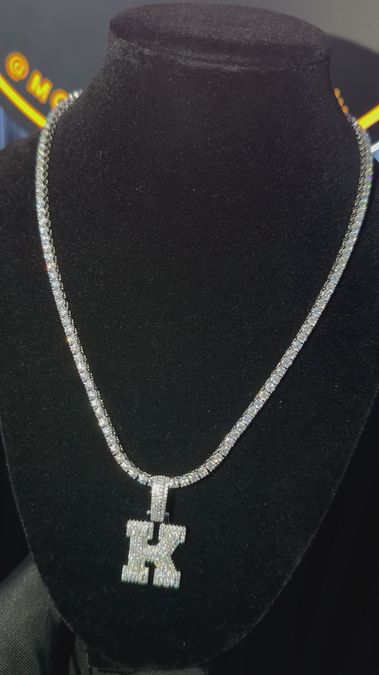 Initial "K" Pendant + 3mm Tennis Chain Set | 925 Sterling Silver | D Color VVS1 Moissanite