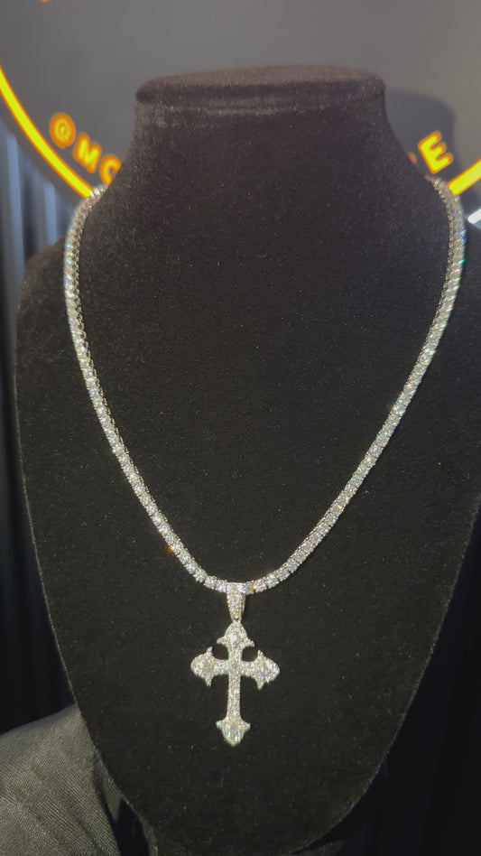Fleur-de-Lis Cross Pendant + 3mm Tennis Chain Set | 925 Sterling Silver | D Color VVS1 Moissanite
